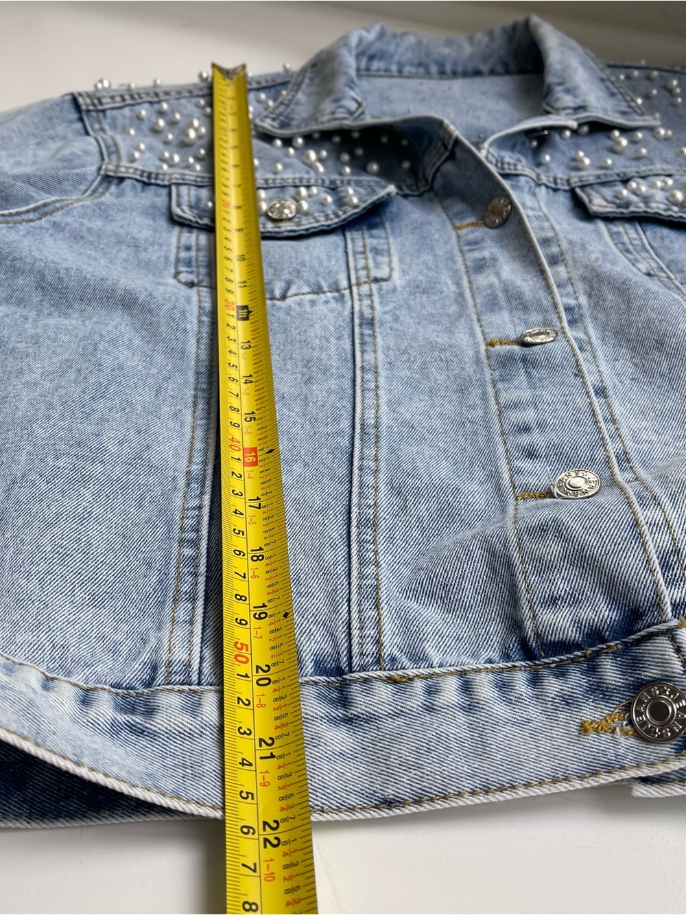 Denim Pearl Embellished Jean Jacket Chest Pockets Stone Washed Light Blue XL - Picture 11 of 13